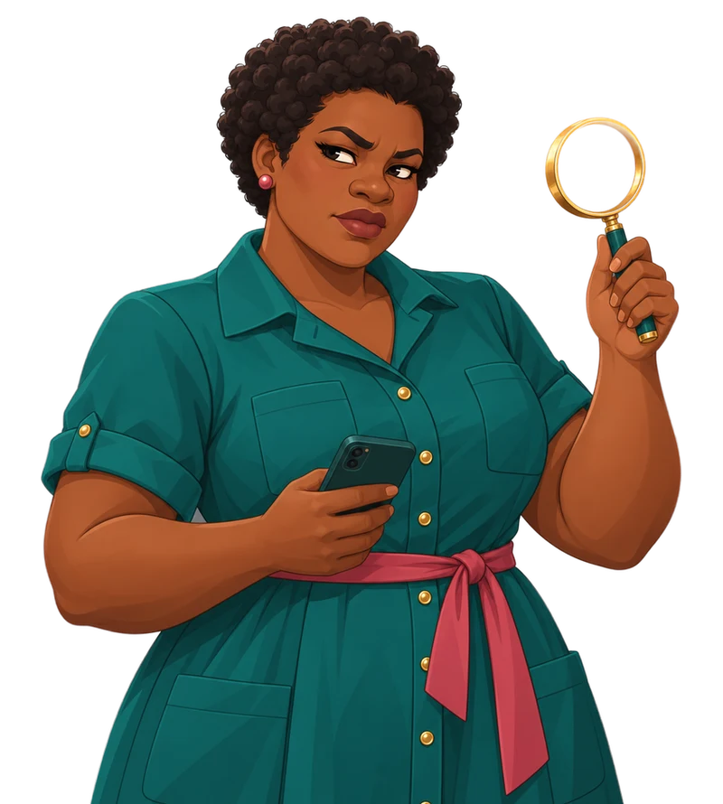 Jade inspects a mahjong tile with a magnifying glass while holding her phone.