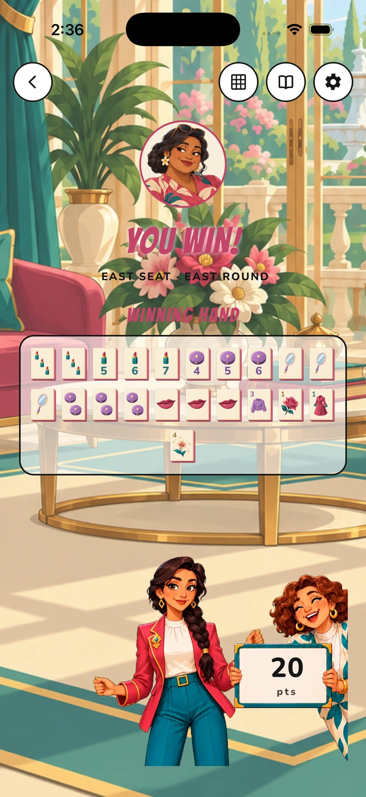 Actual Hé Fēn winning-hand screen with the completed hand, Maya and a twenty-point score.