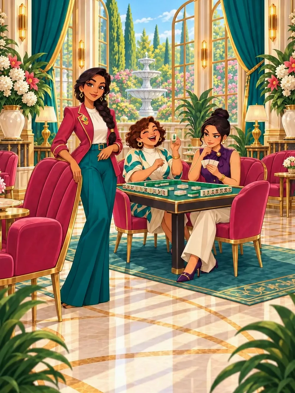 Maya welcomes you into the sunlit manor as her two friends enjoy a game of mahjong.