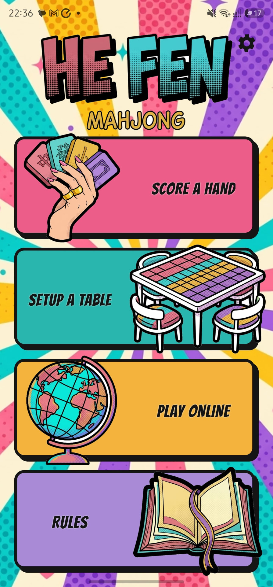 He Fen Mahjong main menu with Score a Hand, Setup a Table, Play Online and Rules