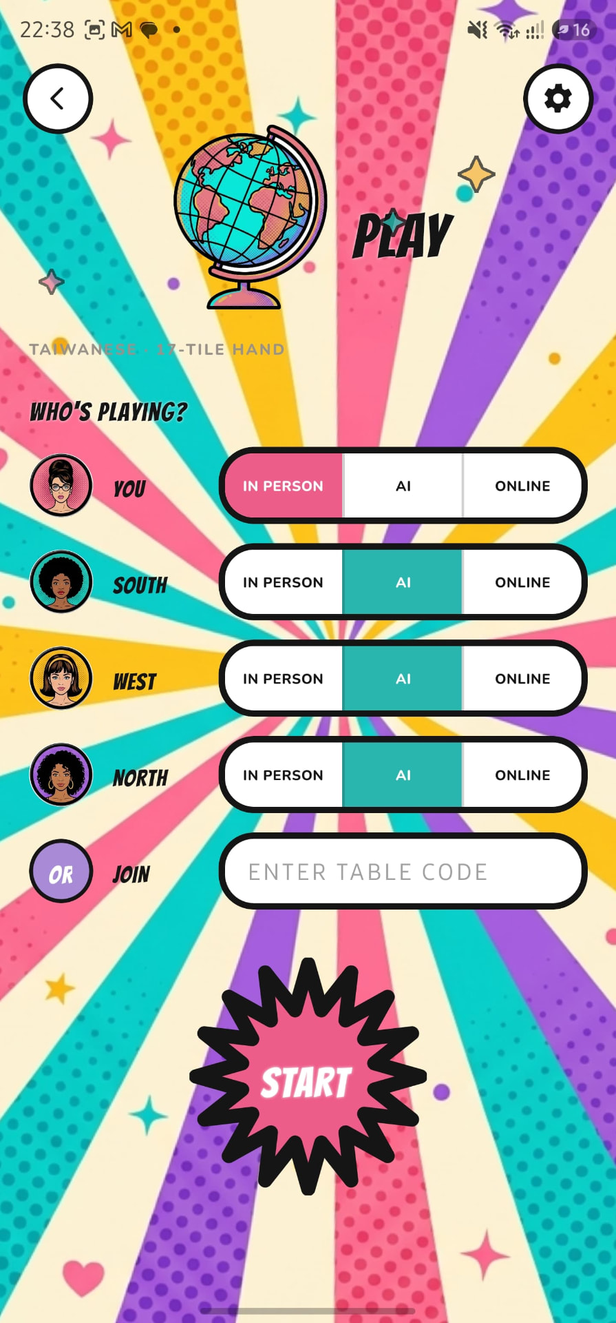 Play setup screen with In Person, AI and Online toggles for four players