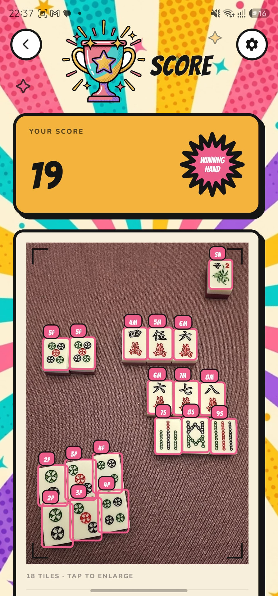 Score result screen showing a 19 point winning hand